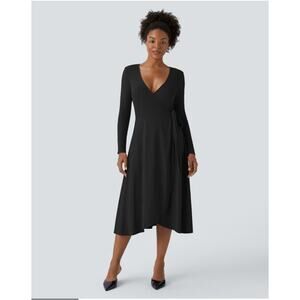 Halara Deep V-Neck Long Sleeve Wrap Tie Midi Dress – Size Large (Black)